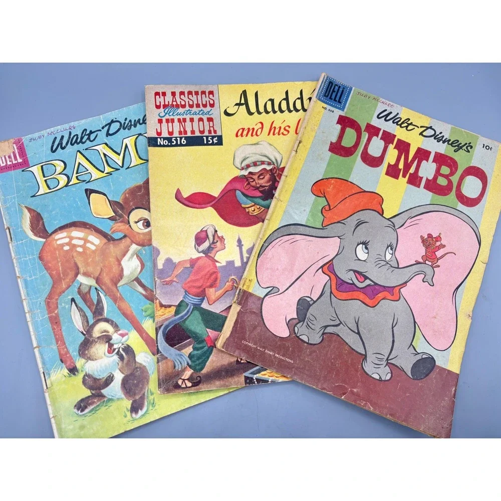 Vtg Lot of 3 Walt Disney Classics Illustrated Comic Books Bambi Dumbo Aladdin‎
